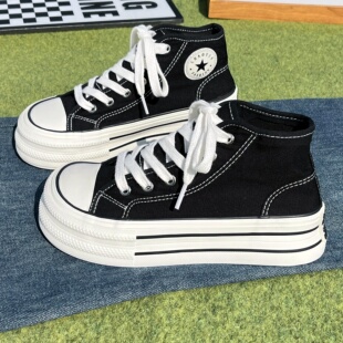 透气增高板鞋 芒果大头黑色厚底高帮帆布鞋 百搭薄款 新款 女2026春季