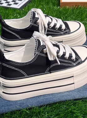 黑色厚底增高5cm帆布鞋女2025新款透气百搭学生小个子松糕板鞋夏