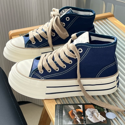 复古青花瓷蓝厚底高帮帆布鞋女2025春秋新款百搭增高学生休闲板鞋