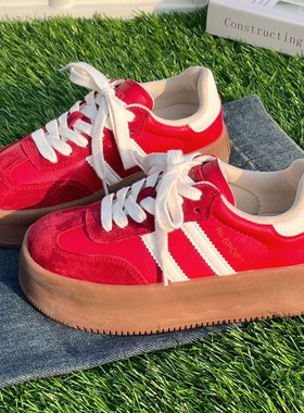 厚底红色德训鞋女2025春季新款小个子增高百搭运动阿甘鞋休闲板鞋