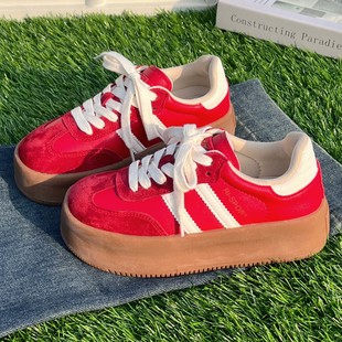 休闲板鞋 厚底红色德训鞋 小个子增高百搭运动阿甘鞋 新款 女2025春季