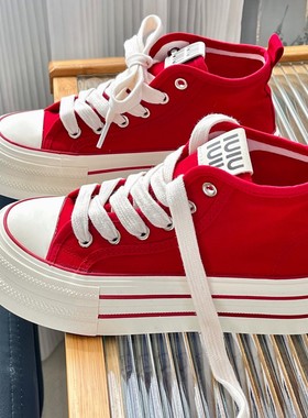 复古红色厚底高帮帆布鞋女2025春秋新款百搭增高松糕学生休闲板鞋