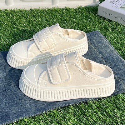 厚底可踩两穿小白鞋女2025春新款薄款透气帆布鞋一脚蹬外穿半拖鞋