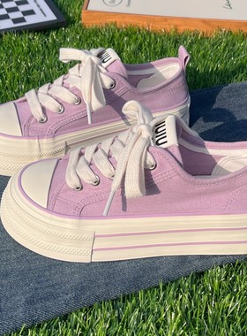 原创设计紫色厚底增高帆布鞋女2025新款夏季薄款透气百搭松糕板鞋