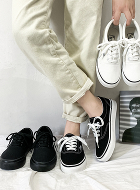 街拍黑色帆布鞋女韩版厚底原宿风ulzzang百搭小白鞋ins情侣板鞋男