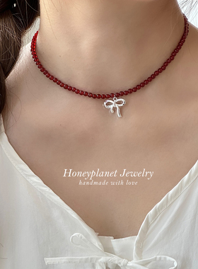 森糖星球原创*蝴蝶结红玛瑙项链甜美少女925银甜酷chorker锁骨链