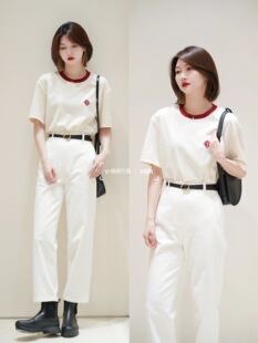 （工厂原单断码处理）2024春夏小禾新年福撞色圆领福字刺绣短袖T