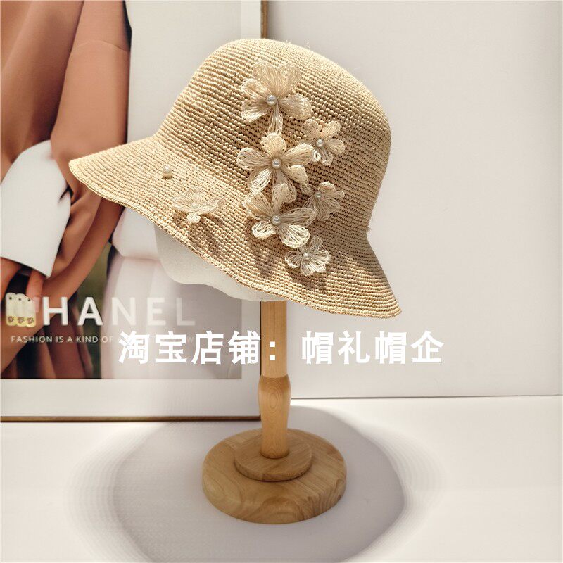 2025纯手工编织浪漫樱花草帽天然拉菲草渔夫帽可折叠太阳帽沙滩帽