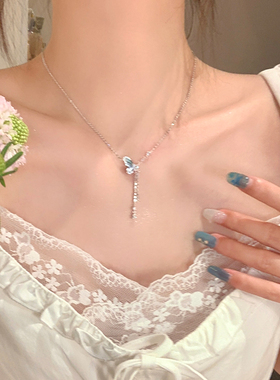渐变蓝水晶蝴蝶珍珠流苏项链女轻奢小众高级感颈链锁骨链choker