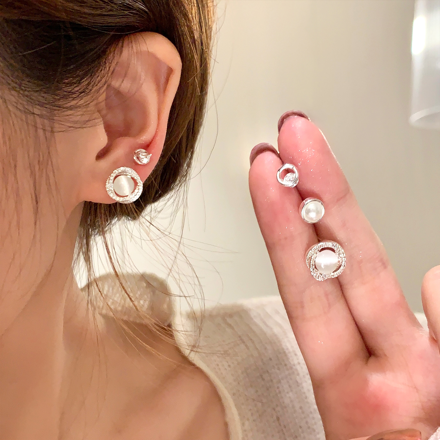 坠落月光~闪锆猫眼石耳钉六件套