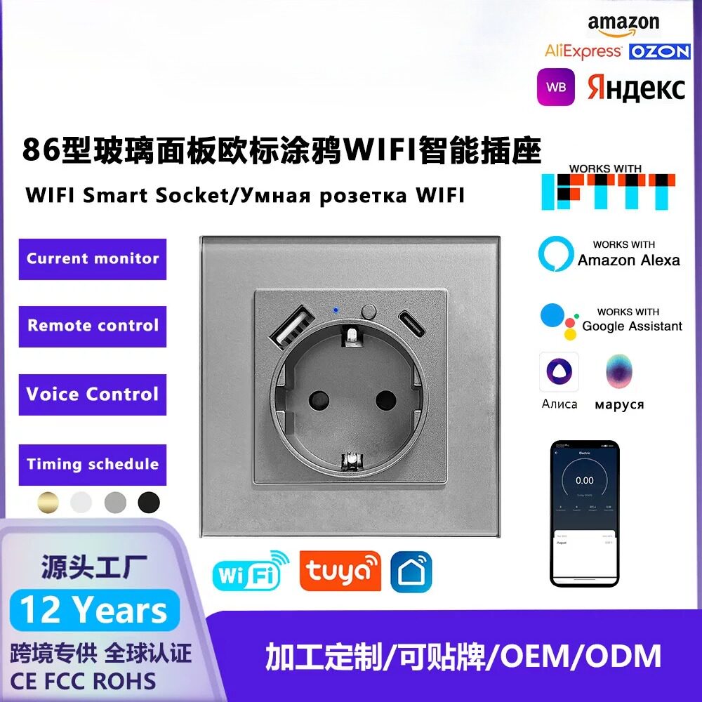 欧标智能插座钢化玻璃面板暗装语音定时带电量监控墙插加工