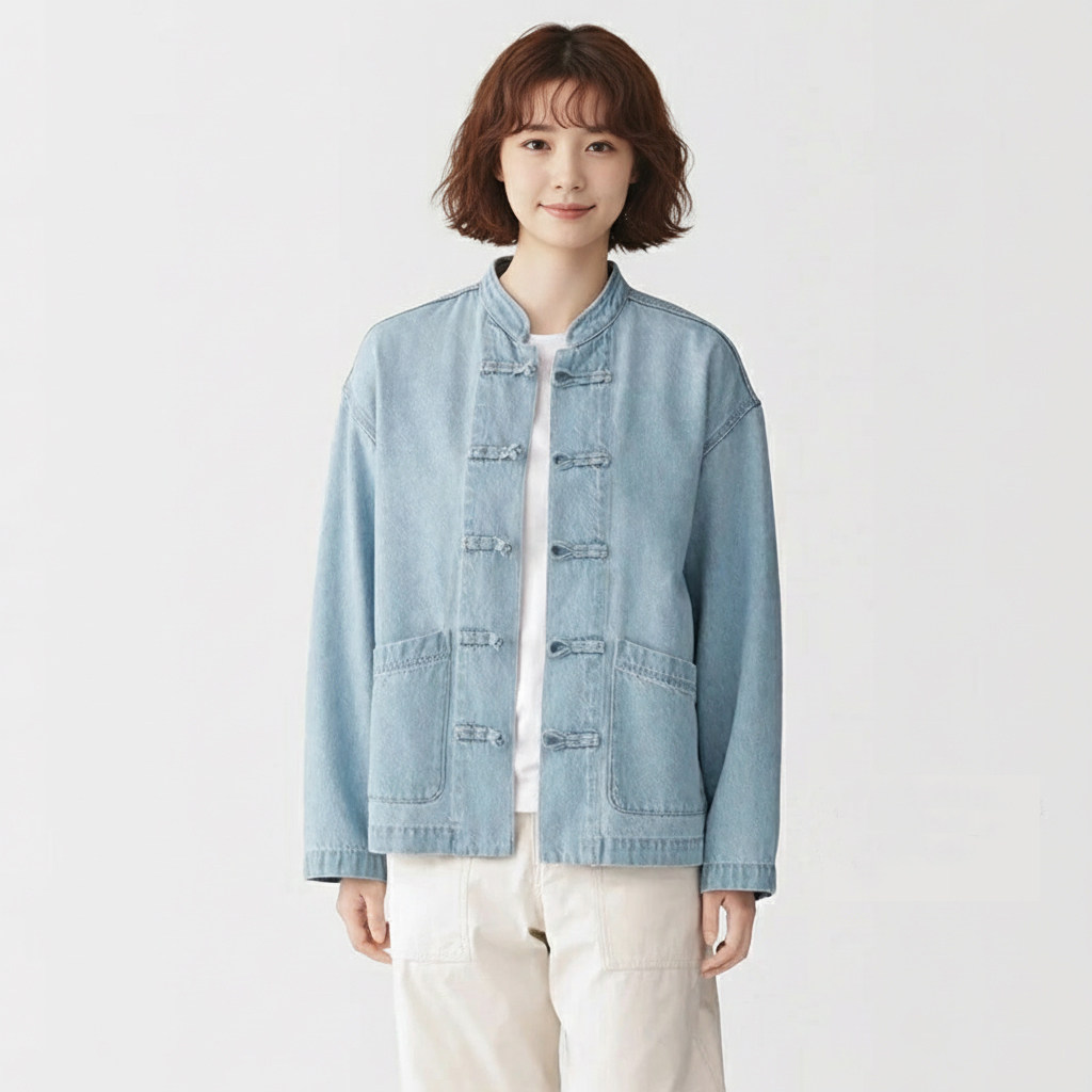 新中式盘扣纯棉牛仔短外套女宽松