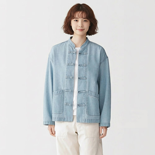 新中式盘扣纯棉牛仔短外套女宽松