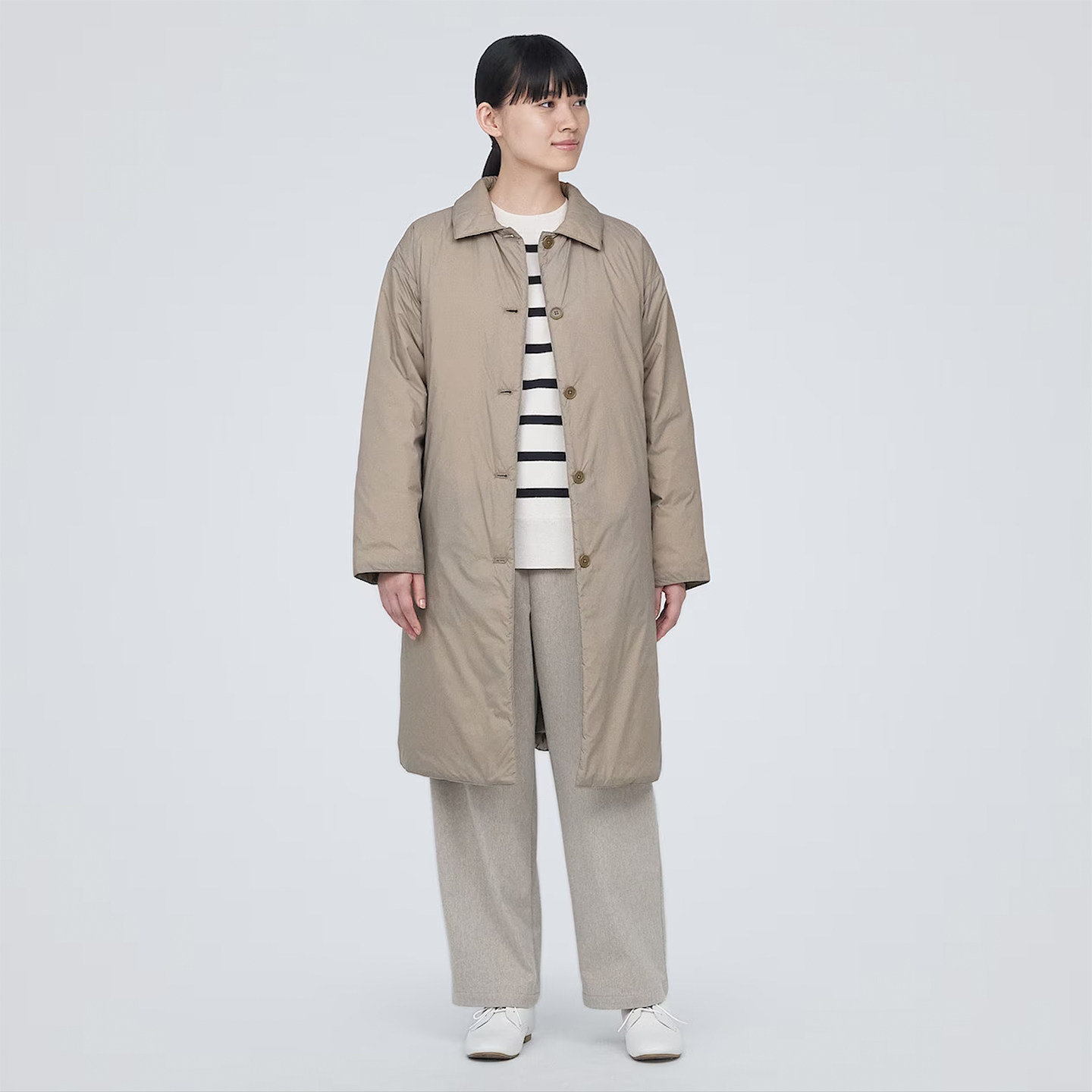 日系简约长款羽绒服女风衣宽松翻领羽绒大衣薄款保暖通勤长外套
