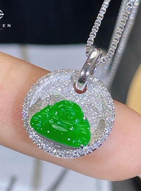 【IKAREN】天然缅甸翡翠A货正阳绿色高冰种佛公吊坠项链18K金镶钻