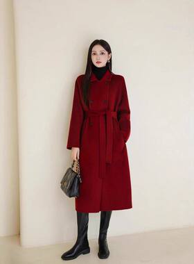 【10山羊绒】高端大衣女双面羊绒双排扣腰带红色冬季新款羊毛外套