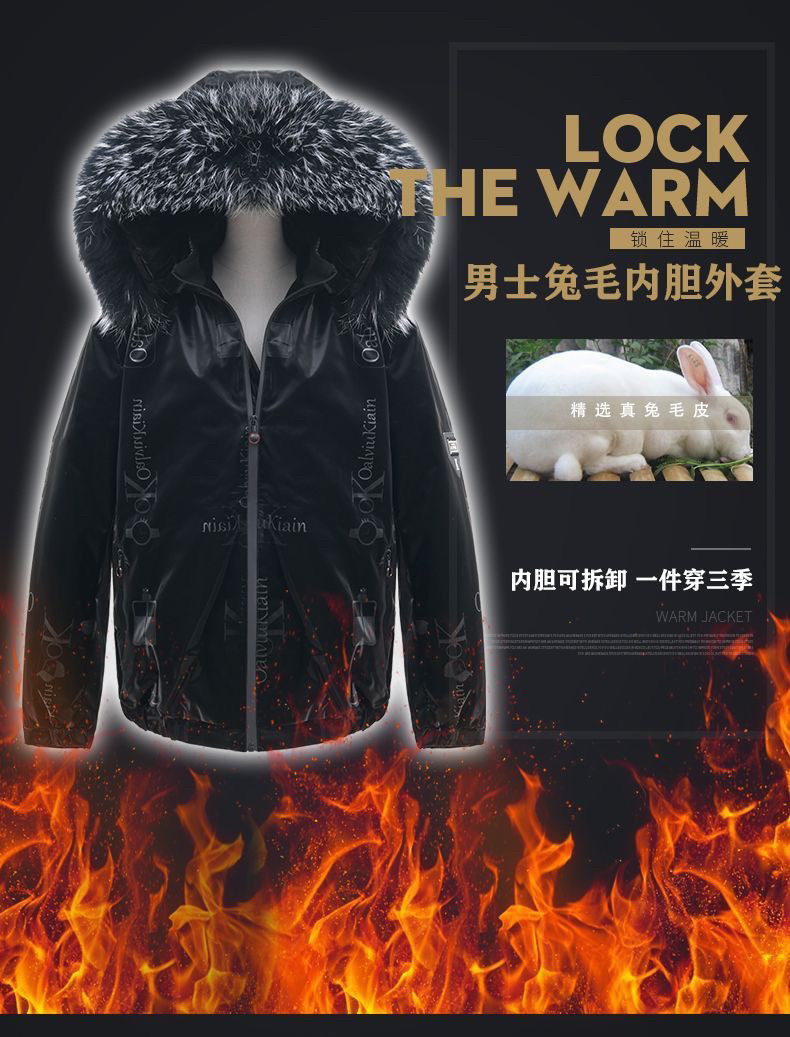 新款派克服男士冬季时尚免洗夹克兔毛内胆皮毛一体活帽可拆卸外套