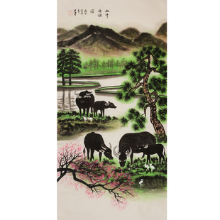 纯手绘临摹名家李可染五牛图国画水墨画办公室玄关画客厅画三尺