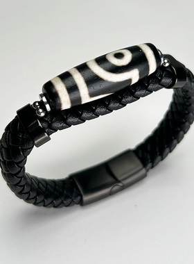 藏式九眼天珠皮质手环男女同款学生手工民族风复古不绣钢玛瑙手链