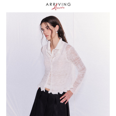 ArrivingArrive 法式小香风云朵白木耳边镂空修身针织长袖开衫