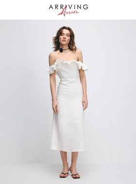 Arriving Arrive荷叶边一字领白色连肩连衣裙女夏季新款简约a字裙