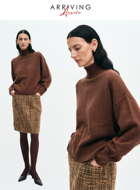 ArrivingArrive 亮片珠花设计棕色高领毛衣女款2024新款冬季内搭