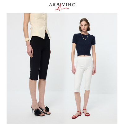 ArrivingArrive 侧开叉中裤女春夏新款修身显瘦黑色打底休闲裤
