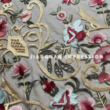 重工黑色复古风优雅花瓶网纱刺绣蕾丝布料婚纱礼服连衣裙服装面料