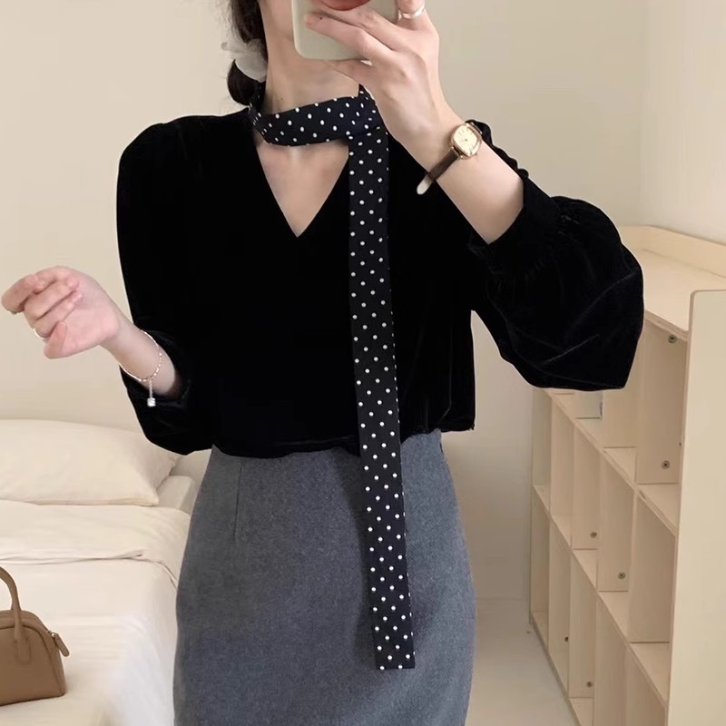 小香风金丝绒V领上衣女春秋高级衬衫