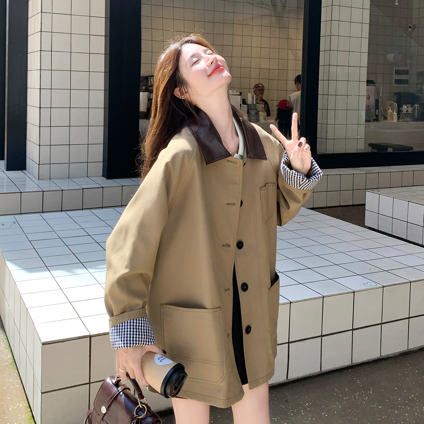 卡其色英伦风拼接风衣春秋季外套风衣