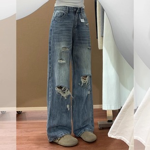 薄款夏天复古破洞直筒牛仔裤女显瘦大码胖妹妹拖地宽松乞丐阔腿裤