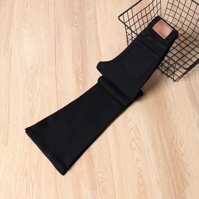 加绒加厚黑色微喇牛仔裤女修身高腰显瘦辣妹小个子150cm喇叭裤子