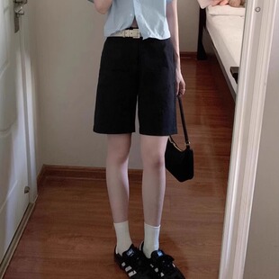 薄款 夏 黑色阔腿牛仔短裤 女高腰宽松显瘦五分遮胯港味直筒学生中裤
