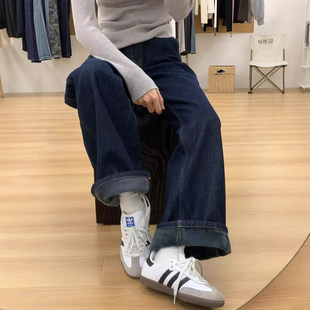 镰刀香蕉裤 女直筒宽松显瘦弯刀裤 春 高腰阔腿牛仔裤 复古深蓝色窄版