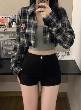 春夏新款黑色牛仔短裤女辣妹紧身显瘦外穿弹力a字包臀超短热裤子