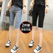 显瘦高腰弹力小个子破洞外穿五分骑行中裤 蓝色毛边牛仔短裤 女修身