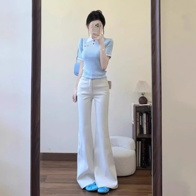 夏天薄款白色微喇牛仔裤女高腰显瘦显高不贴腿垂感马蹄拖地喇叭裤