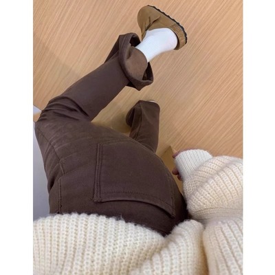 咖啡色加绒加厚微喇牛仔裤女冬装新款高腰显瘦显高拖地马蹄喇叭裤