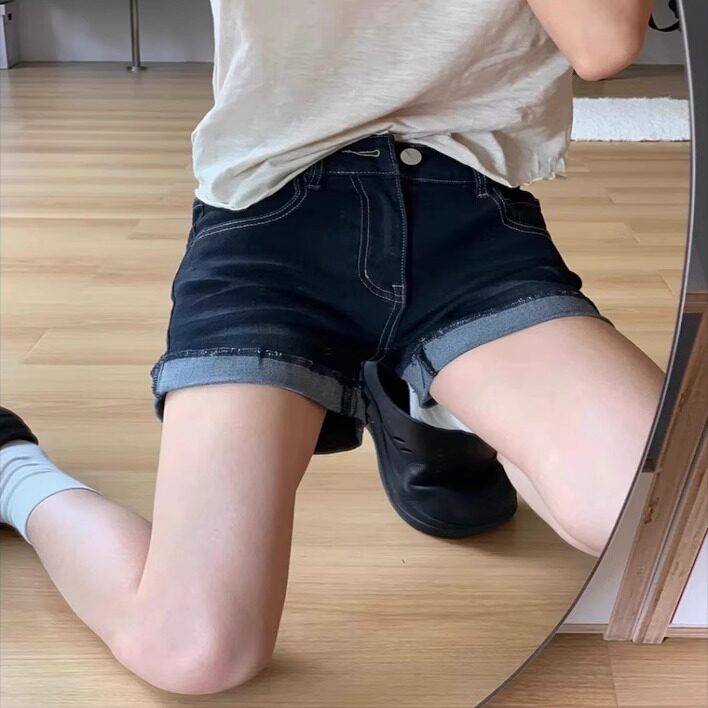夏天薄款2025美式低腰牛仔短裤女大码胖mm卷边设计弹力包臀热辣裤图片