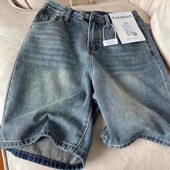 显瘦宽松百搭阔腿夏天中裤 复古水洗怀旧蓝直筒五分牛仔短裤 女薄款