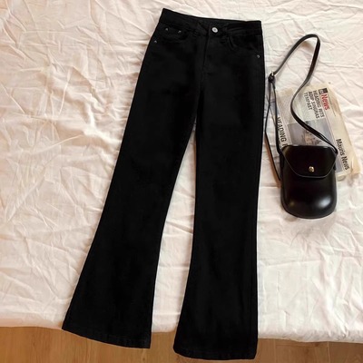 秋冬装梨型身材加绒黑色微喇牛仔裤女高腰显瘦显高垂感拖地喇叭裤