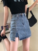 复古大码 牛仔裙短裙女胖mm200斤高腰半身裙a字裙春夏包臀裙开叉裙
