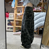 女辣妹垂感高腰宽松显瘦拖地直筒裤 牛仔裤 秋 复古迷彩阔腿工装 美式