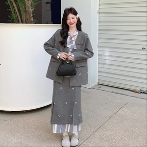 【春款现货】数据好！灰色刺绣假俩件套装裙293-2678-P175控258，女装套装/套裙，浙宝293