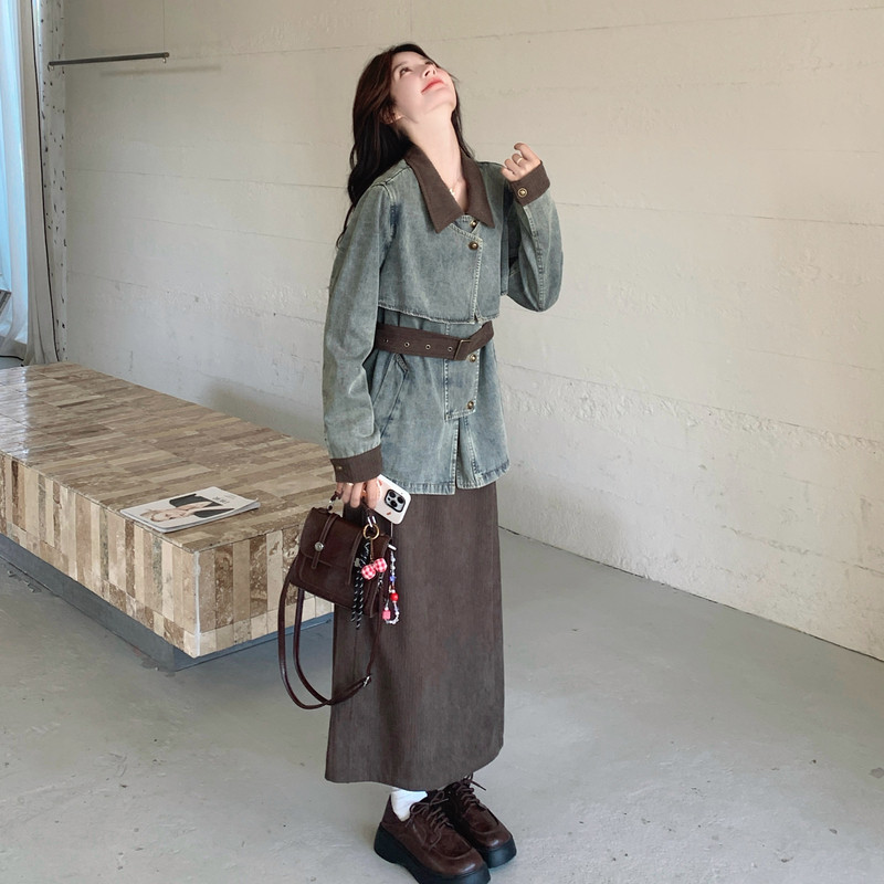 【春款现货】数据好灯芯绒拼接牛仔半身裙套装293-2713-P185控268，女装套装/套裙，浙宝293