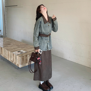 【春款现货】数据好灯芯绒拼接牛仔半身裙套装293-2713-P185控268，女装套装/套裙，浙宝293