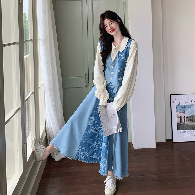 新中式国风印花娃娃领衬衫显瘦马甲牛仔半身裙三件套女秋2026新款,女装套装/套裙,浙宝293
