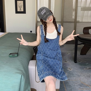 韩版减龄菱格牛仔背带裙女2025夏季新款日系宽松显瘦学院风短裙子图片