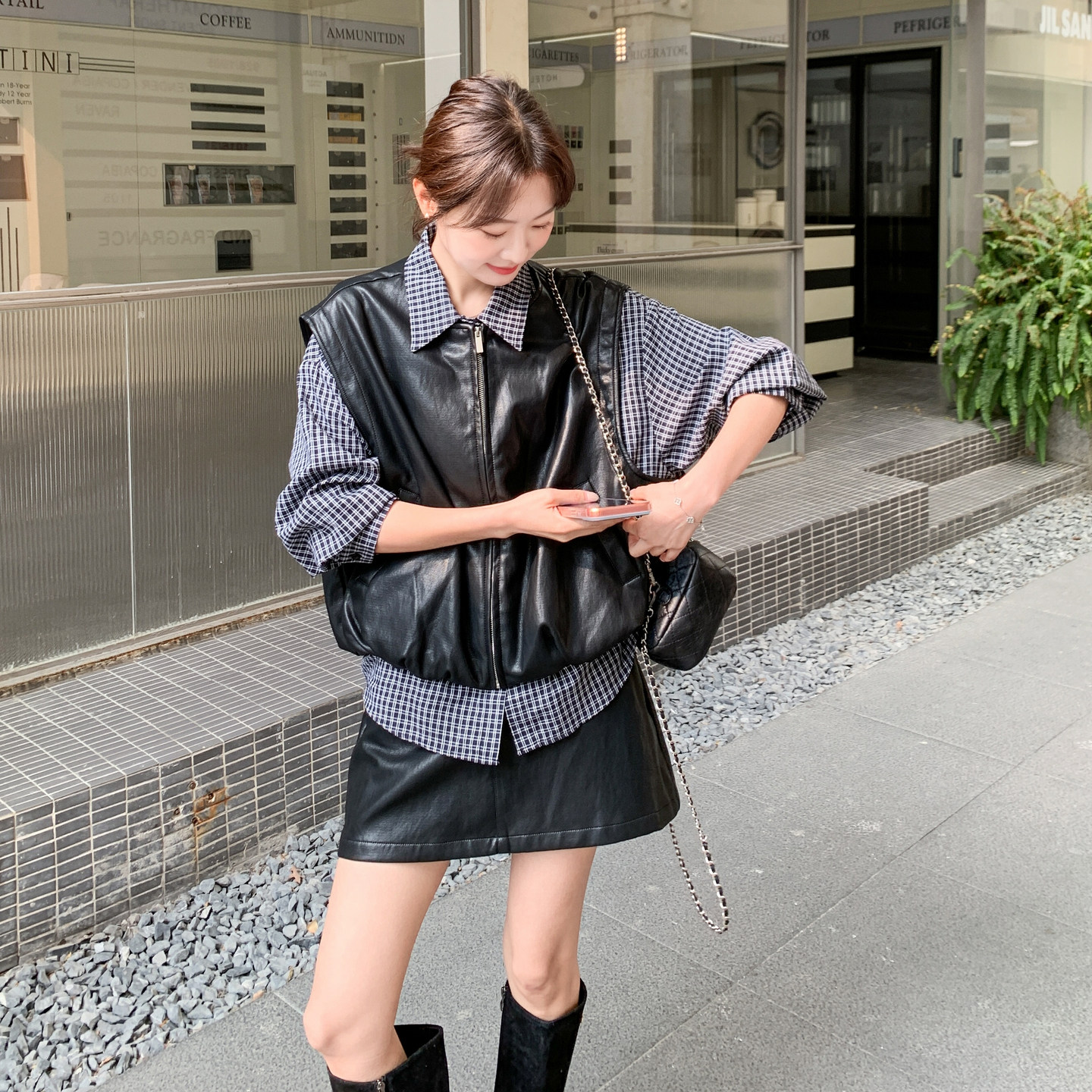 【新款】假两件格纹拼接外套+半身裙套装293-273-P195控318,商品下架区,浙宝293