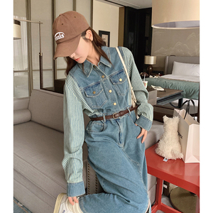 韩系甜美条纹衬衫拼接连衣裙女2025春秋季新款收腰显瘦牛仔长裙子图片